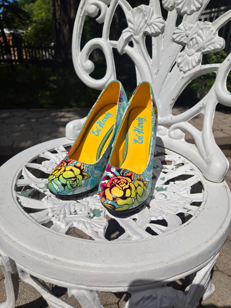 Ed Hardy Tattoo Print Canvas Pumps Heels Turquoise Blue Y2k Vintage New Size 6 — image 6 of 8
